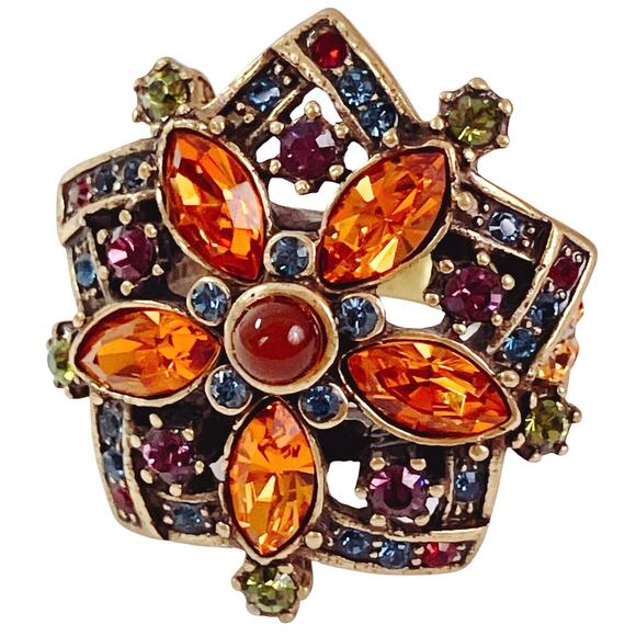 Heidi Daus Green Purple Orange Swarovski Crystal Floral Star Cocktail Ring - Picture 1 of 12